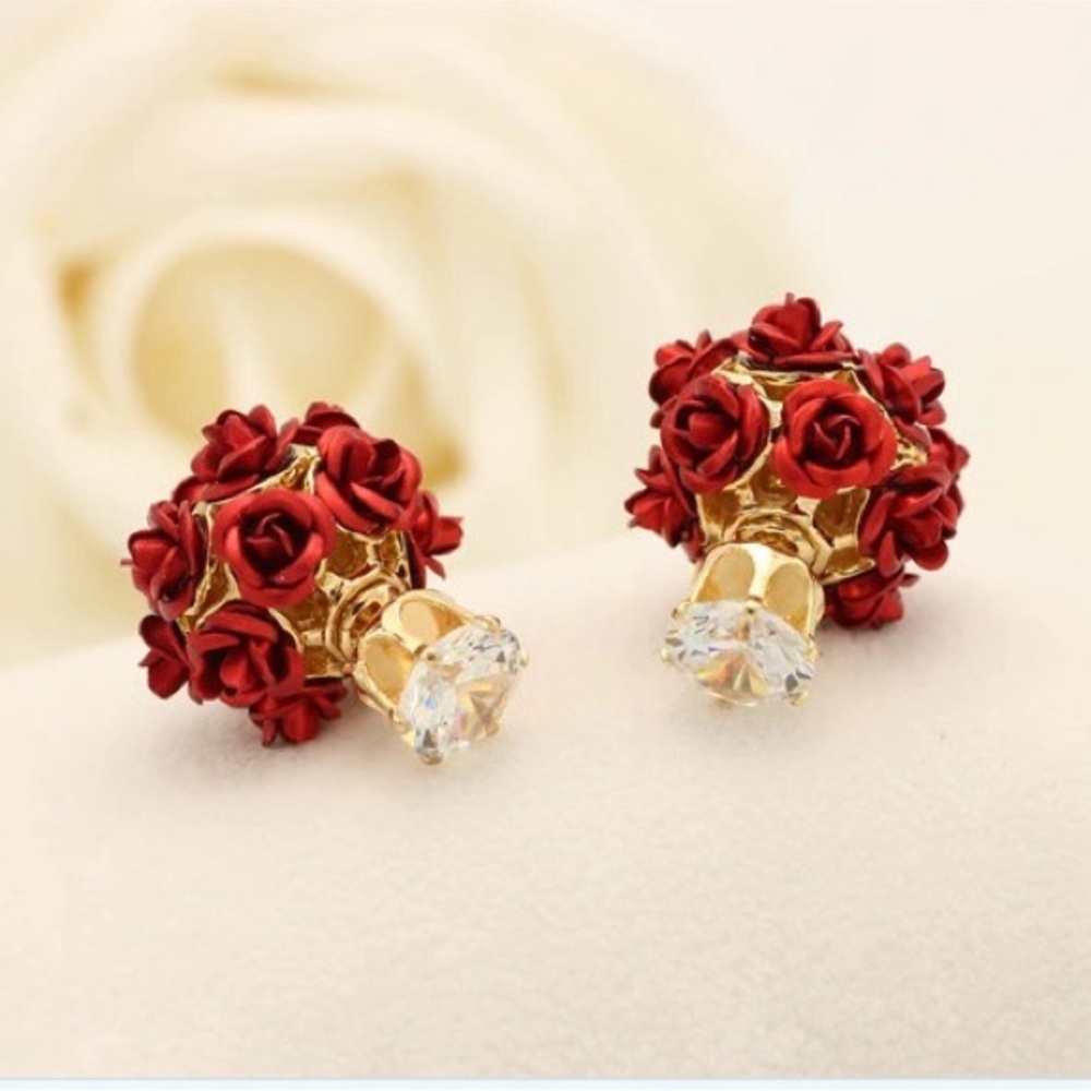 Elegant Red Rose Simulated Diamond Earrings